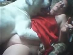 White dog on top of woman